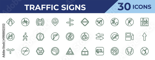 outline traffic signs icons set - bump, no insects, t junction. editable vector for web and mobile ui