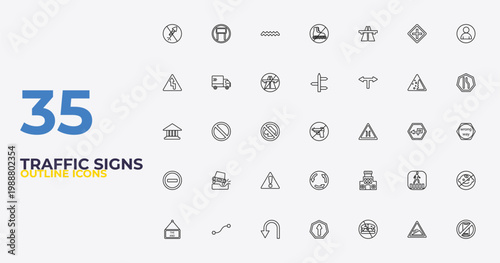 outline traffic signs icons set - crossroad, police station, no mobile phone. editable vector for web and mobile ui
