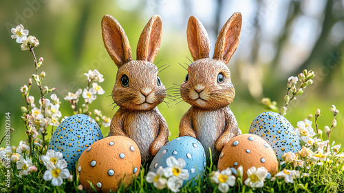 Two adorable Easter bunnies stand side by side amongst colorful decorated eggs and delicate white flowers in a lush green sptime meadow setting.