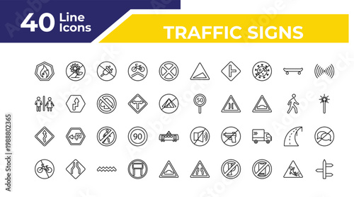 outline traffic signs icons set - wc, winding road, no bicycle. editable vector for web and mobile ui
