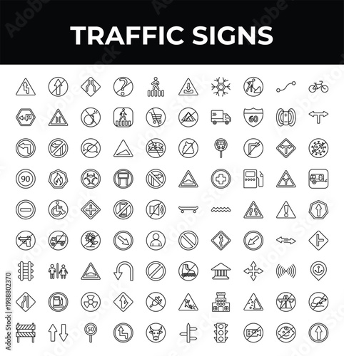 outline traffic signs icons set - degree curve road, prohibited way, barrier. editable vector for web and mobile ui