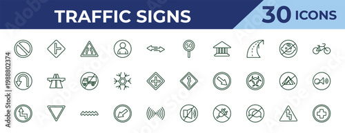 outline traffic signs icons set - speed limit, left hair pin, curves. editable vector for web and mobile ui