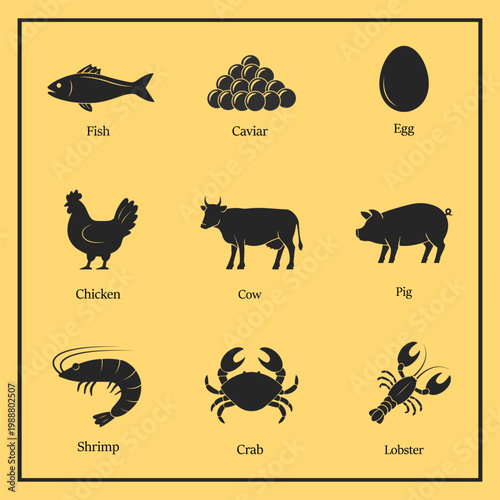 Meat & Fish Icons. Protein & Seafood. Vector illustration. 