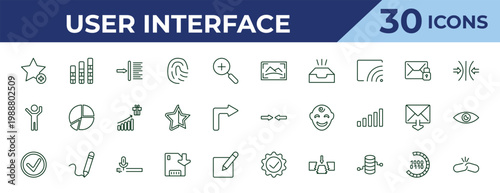 outline user interface icons set - photo size, about successful man, round done button. editable vector for web and mobile ui