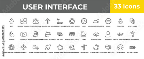 outline user interface icons set - binary code loading, enlarge, battery loaded. editable vector for web and mobile ui