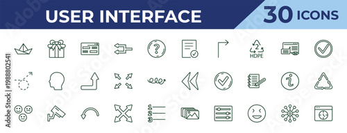 outline user interface icons set - checked, curly dotted arrow, emot. editable vector for web and mobile ui