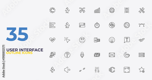 outline user interface icons set - on off power button, photo size, add to favorite. editable vector for web and mobile ui