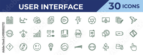outline user interface icons set - musical, alu, go. editable vector for web and mobile ui