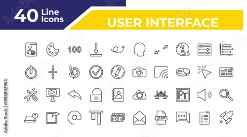 outline user interface icons set - on off power button, mechanic tool, uploading from drive. editable vector for web and mobile ui