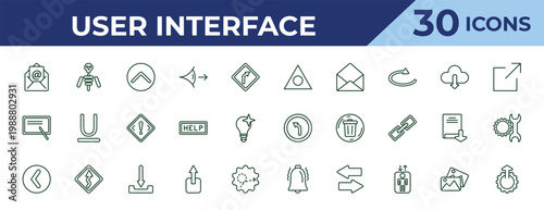 outline user interface icons set - triangular, blackboard with, round left button. editable vector for web and mobile ui