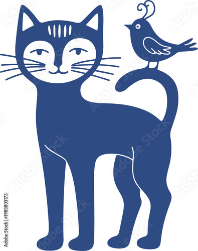 Stylized blue cat with a bird perched on its tail, isolated on white background, animal companion