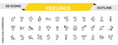 outline feelings icons set - annoyed human, hungry human, relaxed human. editable vector for web and mobile ui