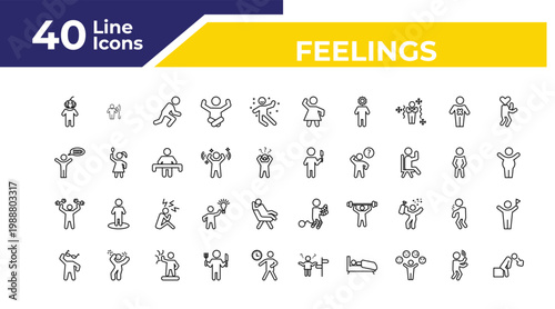 outline feelings icons set - energized human, strong human, cool human. editable vector for web and mobile ui