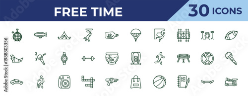 outline free time icons set - parachuting, origami, buggy. editable vector for web and mobile ui
