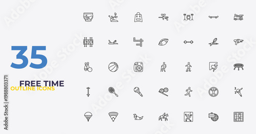 outline free time icons set - rugby ball, running man, sudoku. editable vector for web and mobile ui