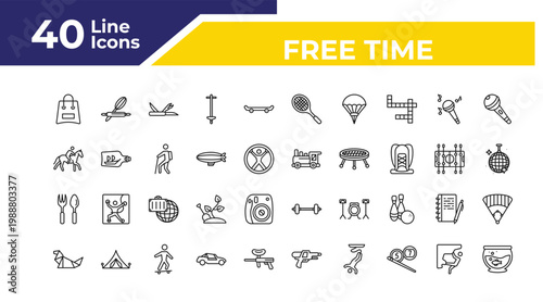 outline free time icons set - riding, gardening tools, origami. editable vector for web and mobile ui