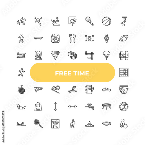 outline free time icons set - toy train, water gun, paintball. editable vector for web and mobile ui