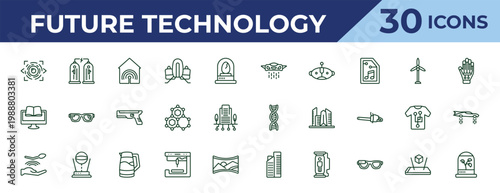 outline future technology icons set - vehicle, online learning, telekinesis. editable vector for web and mobile ui
