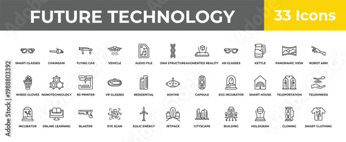 outline future technology icons set - 3d printer, online learning, smart clothing. editable vector for web and mobile ui