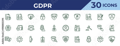 outline gdpr icons set - fingerprint, eu, data processing. editable vector for web and mobile ui