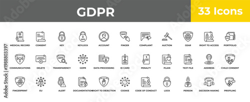 outline gdpr icons set - transparency, eu, profiling. editable vector for web and mobile ui
