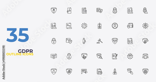 outline gdpr icons set - id card, rectification, gear. editable vector for web and mobile ui