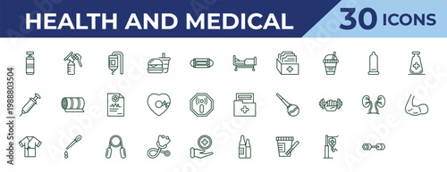 outline health and medical icons set - hospital bed, syringe, biceps. editable vector for web and mobile ui