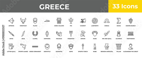 outline greece icons set - laurel, sports games, alexander the great. editable vector for web and mobile ui