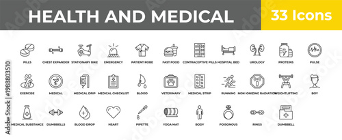 outline health and medical icons set - medical drip, dumbbells, medical result. editable vector for web and mobile ui