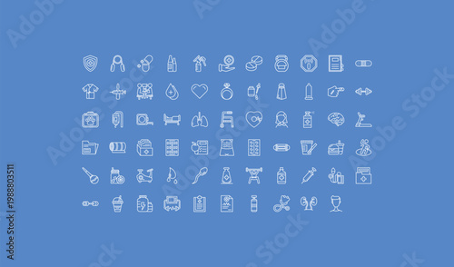outline health and medical icons set - pills, rings, dumbbell. editable vector for web and mobile ui