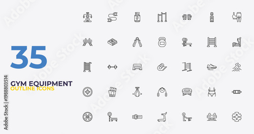 outline gym equipment icons set - kettlebells, jumping equipment, barrels. editable vector for web and mobile ui