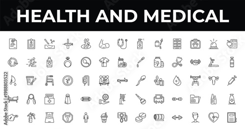outline health and medical icons set - biceps, punching bag, non ionizing radiation. editable vector for web and mobile ui