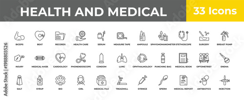 outline health and medical icons set - cardiology, syrup, injection. editable vector for web and mobile ui