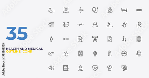 outline health and medical icons set - handgrip, salt, blood pressure gauge. editable vector for web and mobile ui