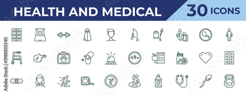 outline health and medical icons set - blood, medical walker, band aid. editable vector for web and mobile ui