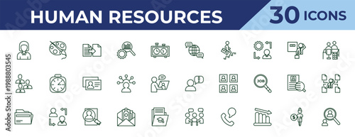 outline human resources icons set - language, employee, files. editable vector for web and mobile ui