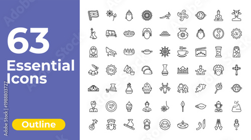 outline india icons set - rangoli, indian sweets, dung. editable vector for web and mobile ui