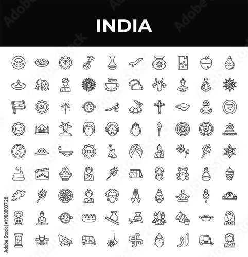 outline india icons set - diwali lamp, sarnaism, thandai. editable vector for web and mobile ui