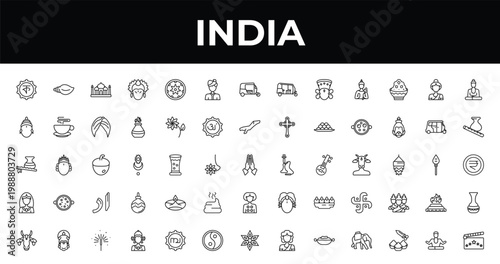 outline india icons set - indian man, krishna janmashtami, indra. editable vector for web and mobile ui