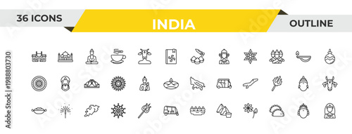outline india icons set - holi, vishnu, odisha. editable vector for web and mobile ui