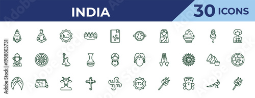 outline india icons set - tikka masala, indra, turban. editable vector for web and mobile ui