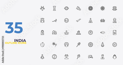 outline india icons set - assam, bihu, ardhanareeswara. editable vector for web and mobile ui
