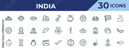 outline india icons set - indian tea, marathi language, nut. editable vector for web and mobile ui