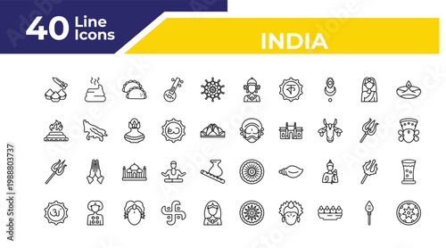 outline india icons set - yagna, shaivism, marathi language. editable vector for web and mobile ui
