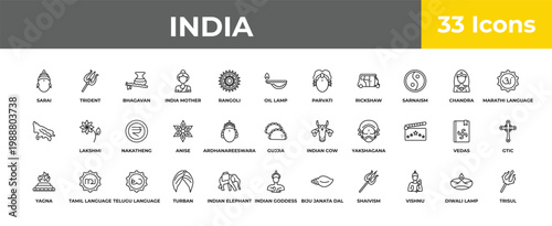 outline india icons set - nakatheng, tamil language, trisul. editable vector for web and mobile ui