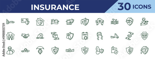 outline insurance icons set - bank safe, family house, robbery. editable vector for web and mobile ui