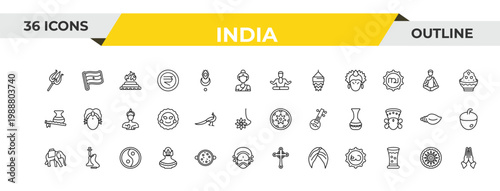 outline india icons set - brahman, peacock, sarnaism. editable vector for web and mobile ui