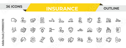outline insurance icons set - sinking, legal expenses, delivery insurance. editable vector for web and mobile ui