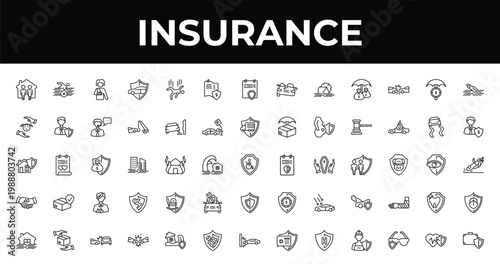 outline insurance icons set - actual cash value, beneficiary, frontal crash. editable vector for web and mobile ui