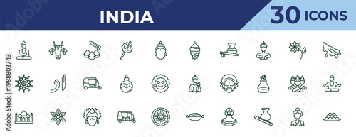 outline india icons set - kandeel, mandala, taj mahal. editable vector for web and mobile ui